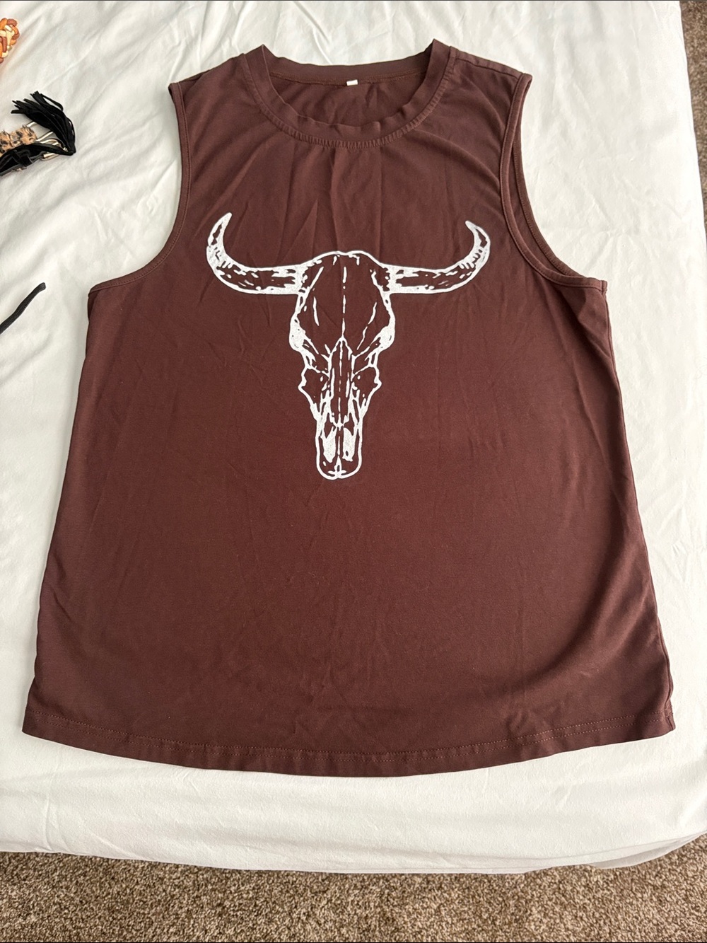 Brown Sleeveless Graphic Tank with White Bull Skull
